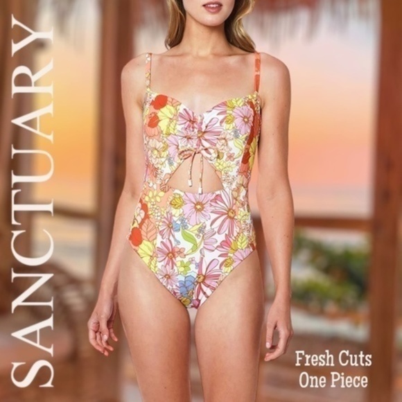 SANCTUARY Fresh Cuts Keyhole/Front Tie One Piece Floral Swimsuit - Picture 1 of 11